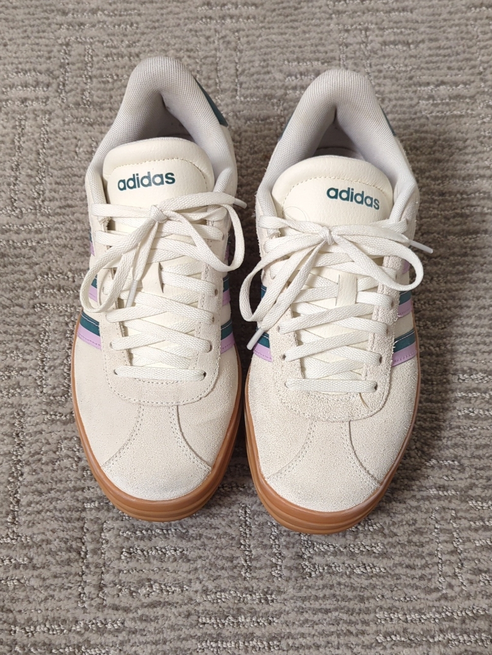 adidas Women's Suede Platform Sneakers in Cream with Teal & Lavender Stripes - Picture 2 of 4